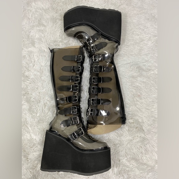 DEMONIA Trinity Clear Vinyl Knee High Platform Boots Buckles Smoke Gray Black 9 - Picture 7 of 14